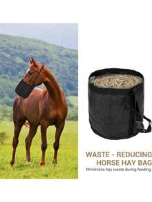 1个重型网状马用干草袋，配有可调节颈带和舒适衬垫 - 防漏马饲料袋，适合室内/室外谷物喂食，鼻垫设计确保马匹能够安全吃草。