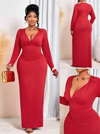 BIUBIU Plus Size Women's Autumn & Winter Elegant Red V-Neck High-Stretch Bodycon Long-Sleeve Party Dress, Fashionable Split Design, Suitable For Daily Outings/Christmas Outfit Women/Party Dress/New Year Women's Outfit
