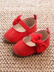 0-1 Year Old Baby Girls Mirrored PU Bow Hook And Loop Design Flat Versatile Princess Shoes, Suitable For Spring/Summer - Red - View 9