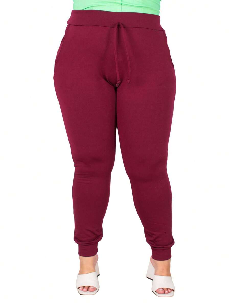 Women's Plus Size Thermal Jogger Pants With Pocket - Maroon - View 1