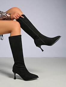 Bottes hautes pour femmes, bottes d'équitation vintage à bout pointu, talon haut fin, bottes mode polyvalentes montant au-dessus du genou, convenant à de multiples occasions, nouvelle arrivée automne/hiver - Noir - Voir 5