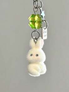 1个女士植绒卡通兔子钥匙扣，带幸运四叶草吊坠，可爱耳机/包包挂饰 - 彩色 - 查看 2