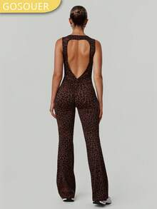 GOSOUER 1 Peça Macacão Flare Feminino Sexy com Decote V Profundo Vazado, Estampa de Onça, Gola Redonda, Zíper Frontal, Cintura Alta, Contorno, Esporte, Corrida, Fitness, Ginástica, Dança - Vinho - Visão 10