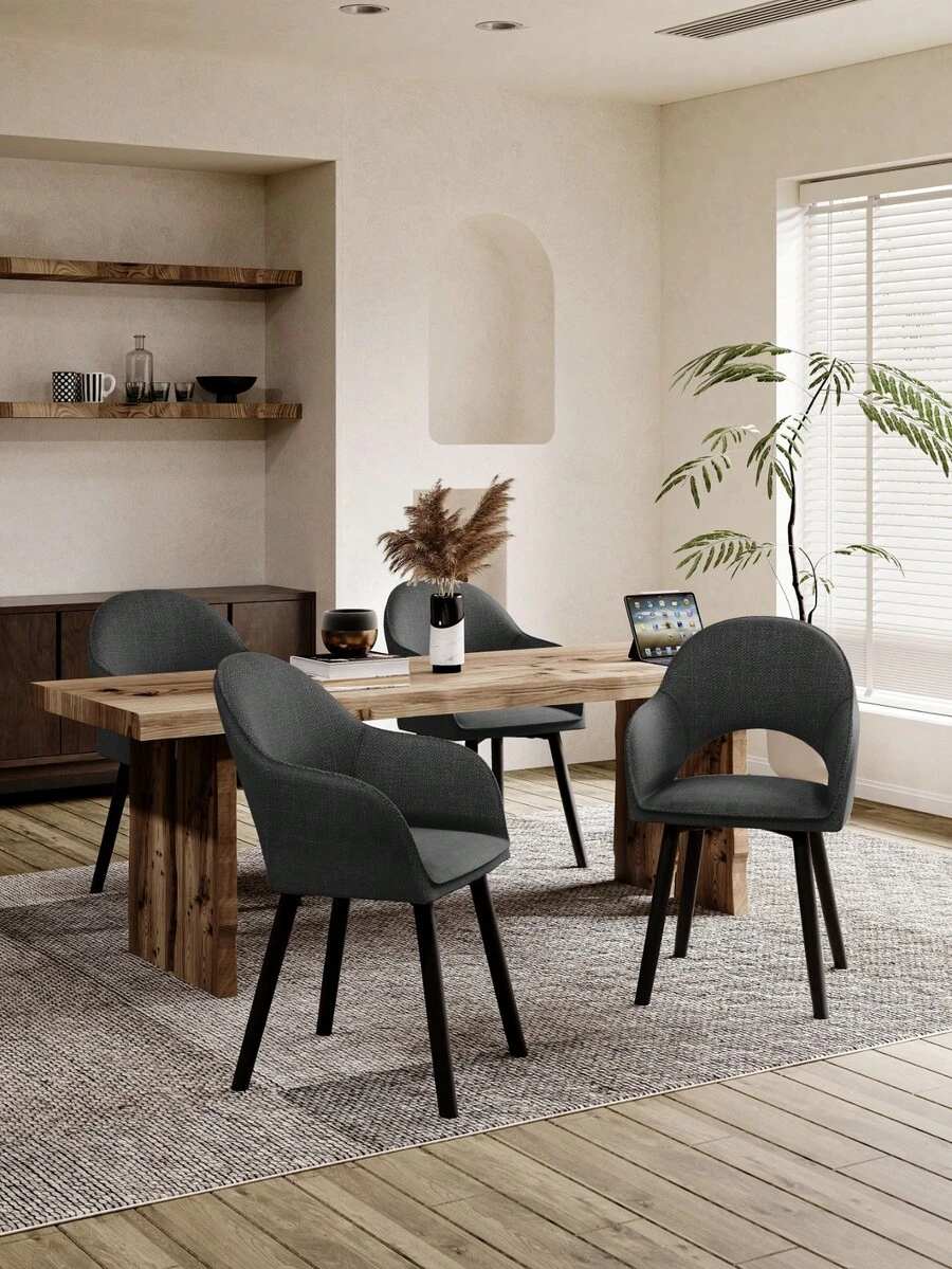 Goeurvant Modern Crescent-Back Upholstered Dining Chairs With Armrests And Solid Wood Legs For Dining Room, Living Room, Study - Set Of 2 / Set Of 4 / Set Of 6 - Ink Grey