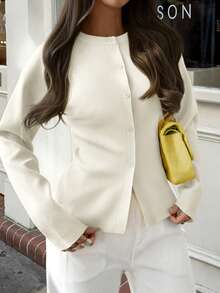 Live To Mo Fspring Break Outfits Butter Yellow Cardigan With Long Sleeves And Buttons, Casual Y2K Style. Perfect For Valentine's Day, Going Out Tops Women And Daily Wear. - White - View 1