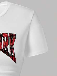 Tween Girl Cartoon Print Short Sleeve Top And Plaid Print Skirt - White - View 4