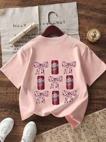 Young Girl Casual Graphic Print Crew Neck Short Sleeve T-Shirt, Summer Top - Pink - View 4