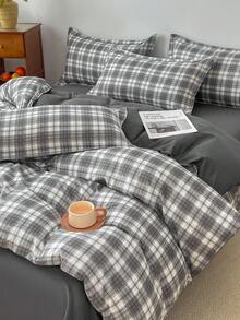 灰色格子四件套床上用品（1个被套、2个枕套、1个床单），可爱优雅风格，无填充，亲肤舒适，适用于单人/双人床，四季皆宜。 - 灰色 - 查看 7