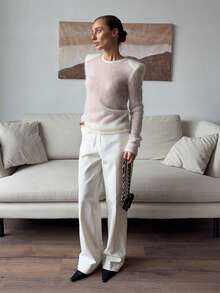 1pc Solid Color Knitted Semi-Sheer Shoulder Ribbed Crew Neck Long Sleeve Knit Top, Casual Spring/Summer - White - View 2