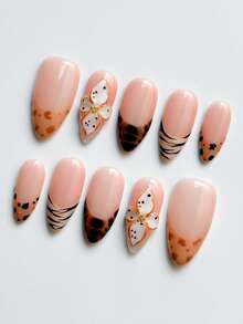 10pcs French Leopard Print Almond Shaped Nail Stickers, Coffee Brown Base Color With Hand-Painted Leopard Print French Tips And 3D Floral Decor, Suitable For Autumn/Winter Wear, Minimalist And Soft Nail Art Set For Girls And Women Nails Nail Supplies - Coffee Brown - View 3