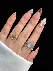 10pcs French Leopard Print Almond Shaped Nail Stickers, Coffee Brown Base Color With Hand-Painted Leopard Print French Tips And 3D Floral Decor, Suitable For Autumn/Winter Wear, Minimalist And Soft Nail Art Set For Girls And Women Nails Nail Supplies - Coffee Brown - View 6