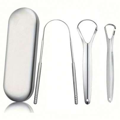 3pcs/1pc Stainless Steel Tongue Cleaner With Large Storage Box, Tongue Scraper, Odorless Oral Care Tool, Fresh Breath, Elegant Gift Box Packaging