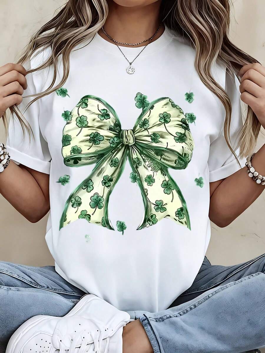 St Patrick's Day Bow T-Shirt With Clover Print Women's Casual White Top Festive Holiday Shirt For St Patrick's Day Celebration Lucky Charm Design Comfortable Loose Fit Short Sleeve Tee For Spring And Summer Wear Fashionable And Gift Idea For Irish Theme Events And Parties - 白色 - 查看 1
