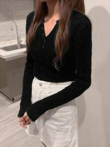 Solid Color Round Neck Slim Fit Casual Women Sweater, Autumn/Winter - Black - View 2
