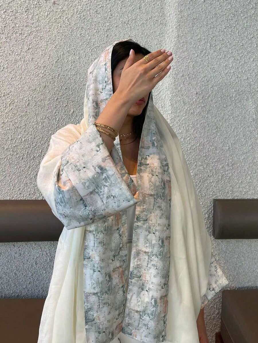 1 Stück Damen eleganter klassischer mehrfarbiger Ditsy Blumen Patchwork Ärmel Design Abaya mit Diamant Dekor, zeigt einen raffinierten und anmutigen Stil, geeignet für alle Jahreszeiten und kulturelle Veranstaltungen, vielseitig für den täglichen Gebrauch Weiß - Weiss - Übersicht 1