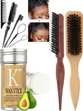 ikt Hair Wax Stick & Edge Control Brush Kit For Slicked Back Hairstyles – Strong Hold Styling Wax For Wigs & Natural Hair, Hair Smoothing Tools For Flyaways, Baby Hair, Frizz, Hairline Shaping, Bun And Ponytail Grooming