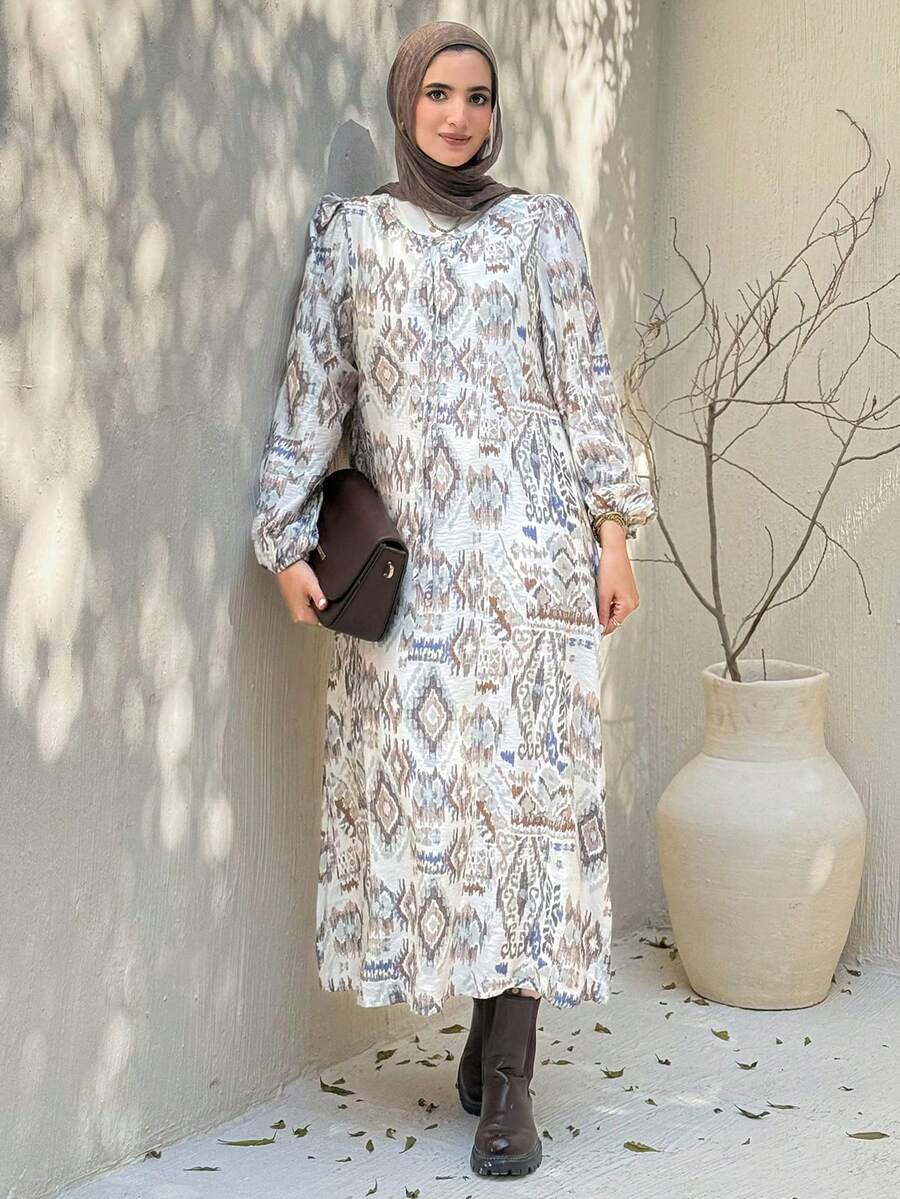 DAZY Đầm midi dài tay in họa tiết dáng suông, kiểu dáng kín đáo dành cho nữ, thích hợp mặc đi biển. - Màu be - Xem 1