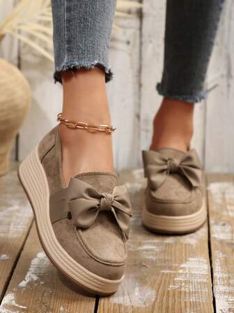 Vintage Round Toe Fisherman Shoes Casual Loafers Platform Sneakers Bow Slip-On, Suitable For Home Wear, Spring/Autumn