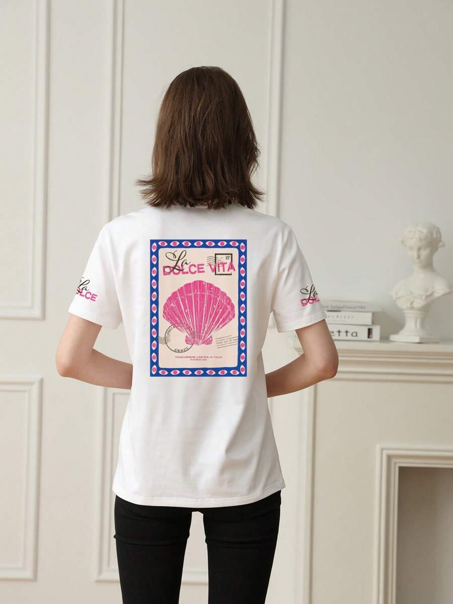 Women's Summer Shell Stamps Graphic Round Neck Short Sleeved T Shirt, Casual Loose And Versatile Holiday Style Tops,Fashionable Summer Suitable For Daily Holiday Wear - White - View 1