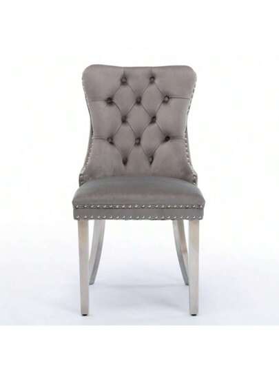 Furniture, Nikki Collection Moderne High End Dining Chairs In Soft, Contemporary Solid Wood Upholstery Fluwelen Padding Chrome Plated Stainless Steel Sheet Legs, Studded Head ation, Double Set, Grijs De1701gy view 6