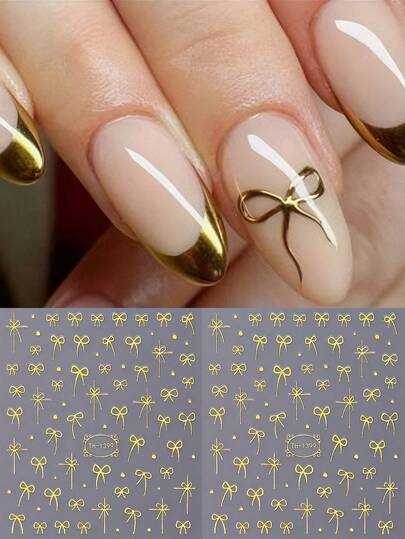 2 piezas Pegatinas de arte de uñas con lazo dorado y decoraciones florales de hojas autoadhesivas simples, decoración de manicura como regalo para mujeres y niñas, suministros para uñas DIY