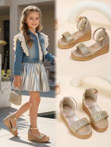 1 Pair Toddler Girls' Metallic Woven Upper Buckle Decor Soft & Luxurious PU Leather Sandals, Simple One-Strap Design, Round Toe, Comfortable Platform Wedge Heel, Fashionable Princess Style Casual High Heels Suitable For Daily, Party, Holiday Wear - 金色 - 查看 1