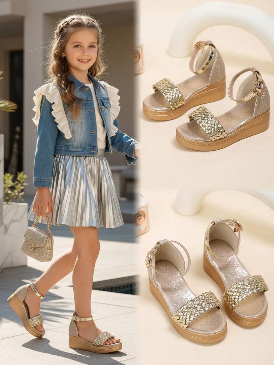 1 Pair Toddler Girls' Metallic Woven Upper Buckle Decor Soft & Luxurious PU Leather Sandals, Simple One-Strap Design, Round Toe, Comfortable Platform Wedge Heel, Fashionable Princess Style Casual High Heels Suitable For Daily, Party, Holiday Wear - 金色 - 查看 1