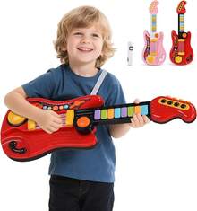 TendenciaKTMOUW 2 En 1 Juguetes De Guitarra De Piano Plegable para Niños y Niñas, Guitarras Instrumentos Musicales Educativo con Música Variada Guitarra Eléctrica con CorreaCalidad premium - Rojo - Ver 8