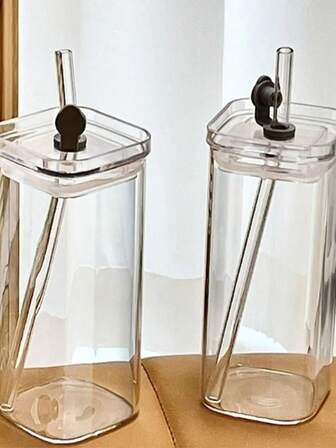 1pc High-Borosilicate Glass Cup, Transparent Square Shape, Handleless, Heat-Resistant, Suitable For Women