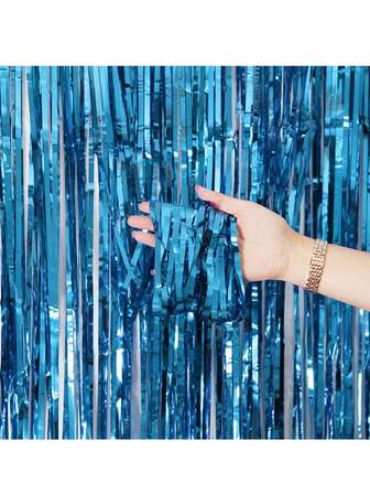 1/2片蓝色金属丝帘，派对装饰背景，毕业典礼装饰，流苏墙饰，适用于生日、婚礼、单身派对，闪亮铝箔帘