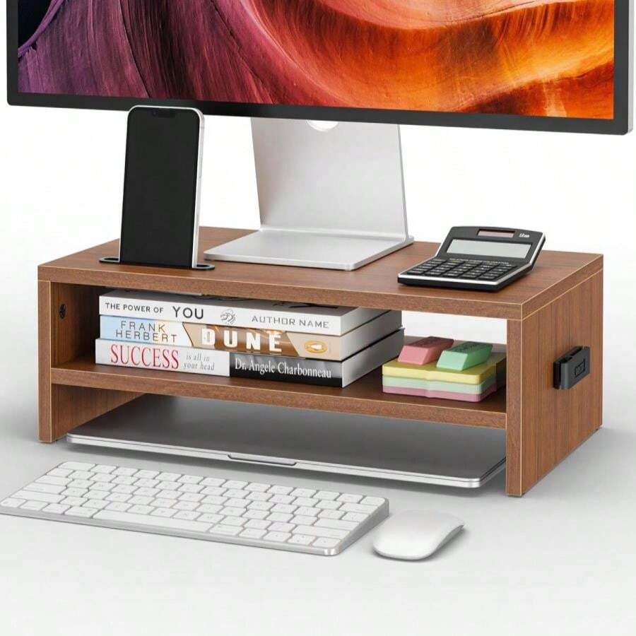 BONTEC Wooden Monitor Stand Riser, 2-Tier Desk Shelf With Storage Organizer, Ergonomic Computer Stand With Cable Management, Cellphone Holder, White, 165 Inch - ColorD - View 1