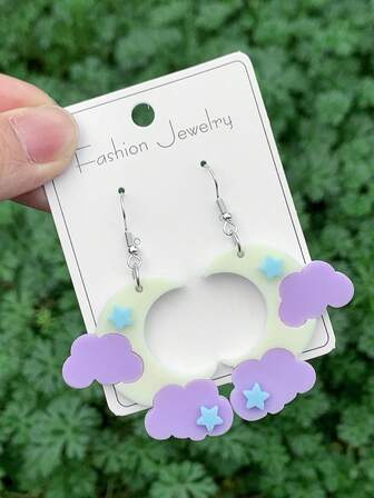 1对女士时尚耳环，亚克力材质，云朵、星星、月亮造型，适合日常佩戴、派对、旅行、拍照等场合