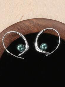 Brincos de Pérola Falsa Feitos à Mão em Cobre Vintage, Brincos Argola Simples e Brincos de Festa para Uso Diário - Prata - Visão 4