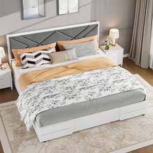 Meiyiu Full /Queen/King Size Upholstered Bed Frame, Tufted Design Soft Headboard, Wooden Slat Support, Mattress Foundation No Box Spring Needed, Stable & Quiet Full Bed Frame For Bedroom, Easy Assembly, White - 滿的 - 查看 1