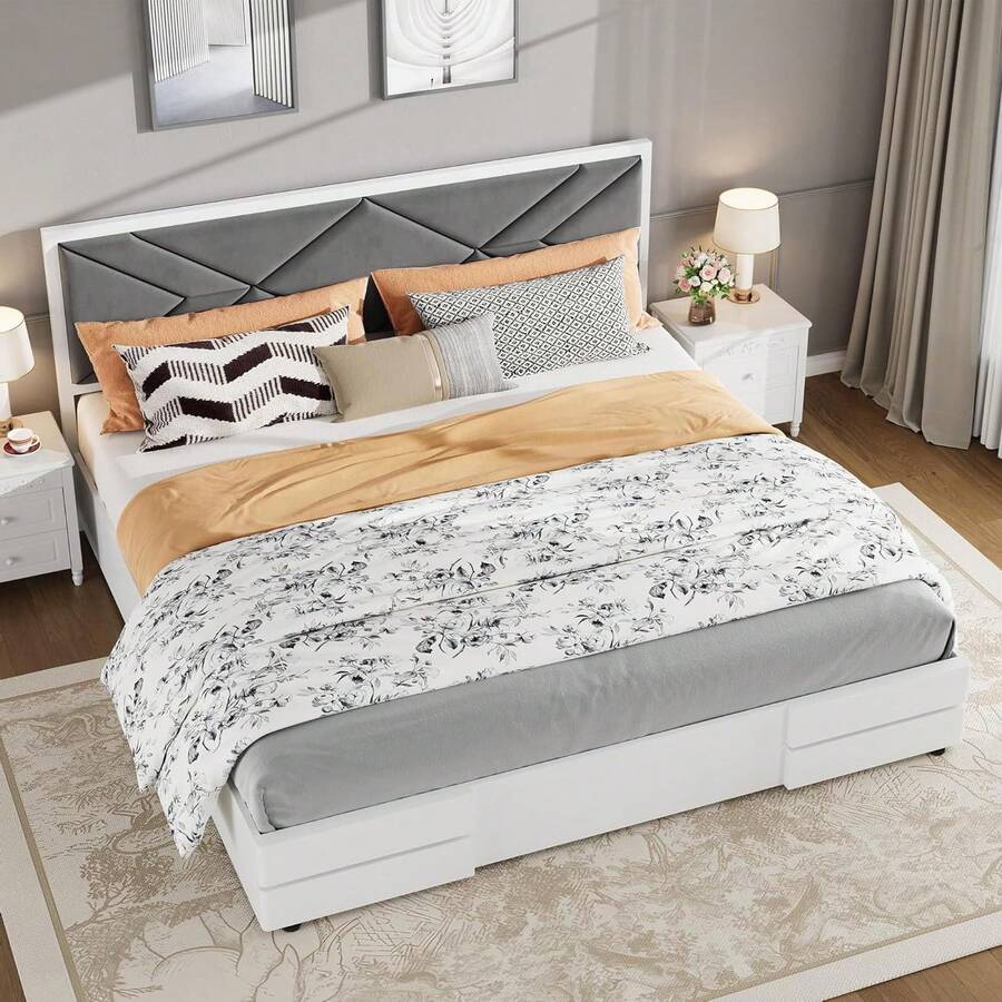 Meiyiu Full /Queen/King Size Upholstered Bed Frame, Tufted Design Soft Headboard, Wooden Slat Support, Mattress Foundation No Box Spring Needed, Stable & Quiet Full Bed Frame For Bedroom, Easy Assembly, White - 滿的 - 查看 1