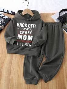 Tween Boy Slogan Graphic Hoodie And Sweatpants Casual Everyday Outfit, Autumn/Winter - Dark Grey - View 1
