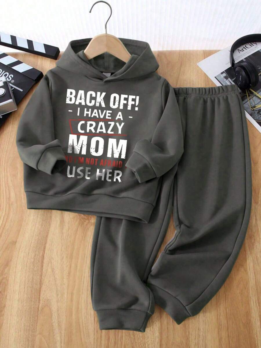 Tween Boy Slogan Graphic Hoodie And Sweatpants Casual Everyday Outfit, Autumn/Winter - Dark Grey - View 1