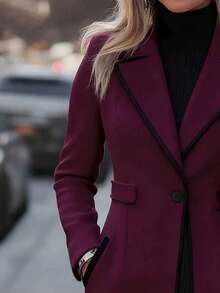 黑色滚边缺角翻领单排扣长款系带优雅冬季外套 - 紅木色 - 查看 3