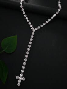 1 pieza Nuevo collar con cruz de flecos totalmente con rhinestones, cadena sexy sin espalda, moda europea y americana para fiestas de noche - Plateado - Ver 2