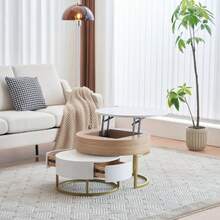 Gold Nesting Tables, A Combination Of A Folding Coffee Table And A Side Table With Two Drawers. Set Of 2 Pieces. - White - View 10