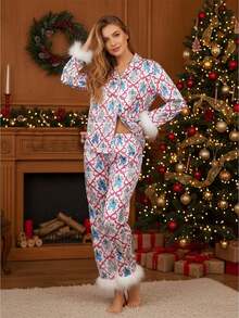 Womens 2 Piece Christmas Pajama Set Long Sleeve Bow Print Shirt + Pants Set Loungewear - Blanco - Ver 1