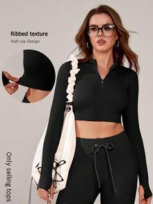 NcmRyu 女士罗纹高领半拉链短款瑜伽普拉提跑步健身舞蹈锻炼长袖上衣 - 黑色 - 查看 2