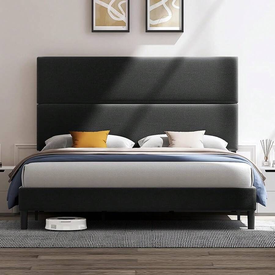 Twin/Queen/King Size Bed Frame With Linen Adjustable Headboard, Upholstered Platform Bed With Strong Wood Slats Support, Noise-Free Construction, Easy Assembly, No Box Spring Needed - màu đen - Xem 1