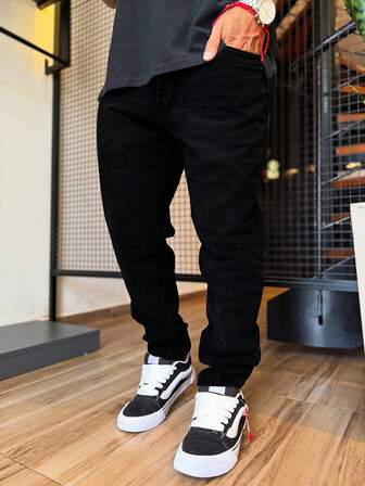 Straight Slim Fit Washed Denim Jeans, Versatile Office Commute Slant Pocket Jeans, Casual Couple Matching Patterned Style For Men