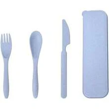 Juego de Utensilios de Viaje, Cubiertos de Paja de Trigo, Tenedor Reutilizable, Cuchara, Cuchillo a Prueba de Arañazos con Caja para Picnic para la Escuela (Azul) - 1 - Ver 9