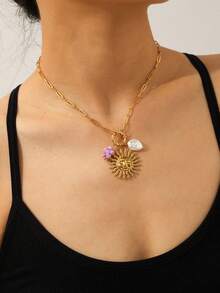 1pc Flower Pearl Sun Pendant Necklace, Personalized Choker Necklace Suitable For Women's Daily Wear - Multicolor - View 2