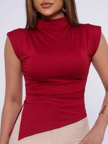 Elegant Basic Asymmetrical Blouse In Cool Knit Slim Fit With High Neck, Perfect For Christmas And Parties, Comfortable - Red - View 7