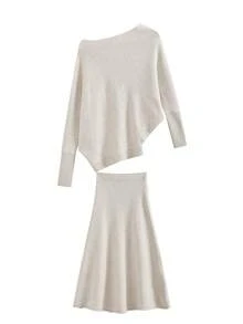 2pcs/Set Asymmetric Shoulder Knit Top + Mid-Length Knit Dress