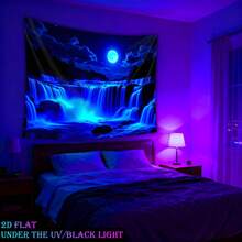 1pc Moon Waterfall Blue - Glowing Under UV Black Light Tapestry Oversized Fluorescence Tapestry Polyester, Room, Dorm, Living Room, Home Furnishings, Party Decorations, Free Installation Package, No Electricity Needed - Blue - View 7