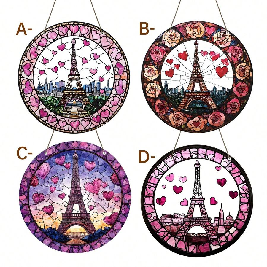 Captor de soare Turnul Eiffel din Paris - Decor rotund acrilic pentru fereastră, cu inimă roz romantică și design colorat, perfect pentru Ziua Îndrăgostiților și decorarea nunții, potrivit pentru verandă, dormitor, birou, curte - Cadou ideal, decor pentru curte | Decorațiune fermecătoare | Design colorat - Acrilic rotund - Vizualizare 1